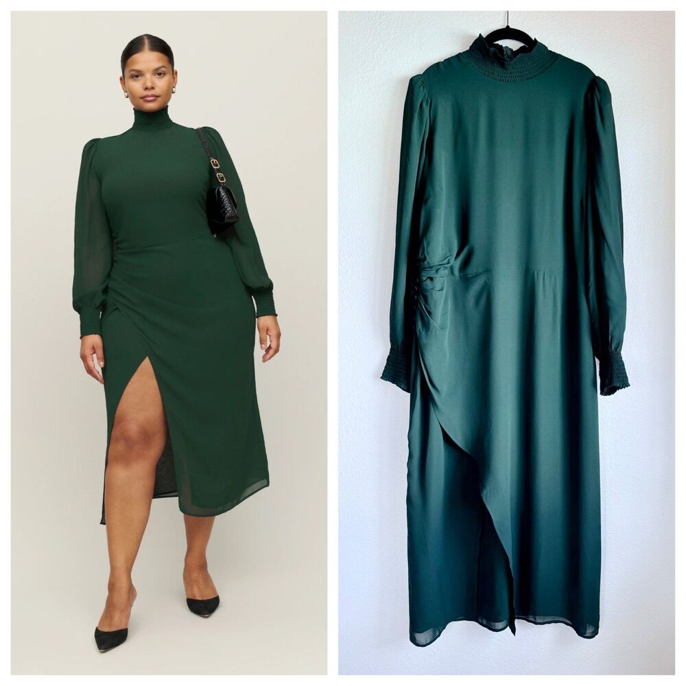 NWT Reformation Aude Long Sleeve Mock Neck Midi Dress in Forest Green Size 18